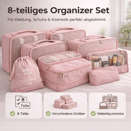 Koffer Organizer 8er Set – Kofferorganizer mit Kosmetiktasche, Packtaschen & Packwürfel für Reisen als Kleidertasche (Pink)