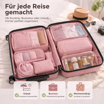 Koffer Organizer 8er Set – Kofferorganizer mit Kosmetiktasche, Packtaschen & Packwürfel für Reisen als Kleidertasche (Pink)