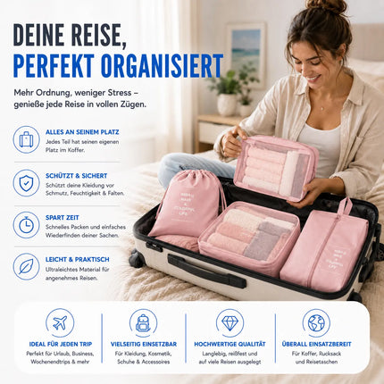 Koffer Organizer 8er Set – Kofferorganizer mit Kosmetiktasche, Packtaschen & Packwürfel für Reisen als Kleidertasche (Pink)