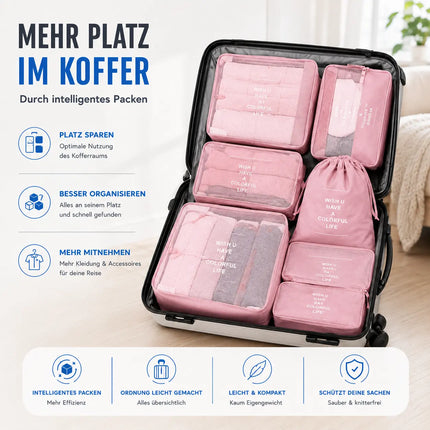 Koffer Organizer 8er Set – Kofferorganizer mit Kosmetiktasche, Packtaschen & Packwürfel für Reisen als Kleidertasche (Pink)