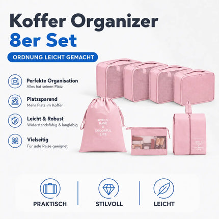 Koffer Organizer 8er Set – Kofferorganizer mit Kosmetiktasche, Packtaschen & Packwürfel für Reisen als Kleidertasche (Pink)
