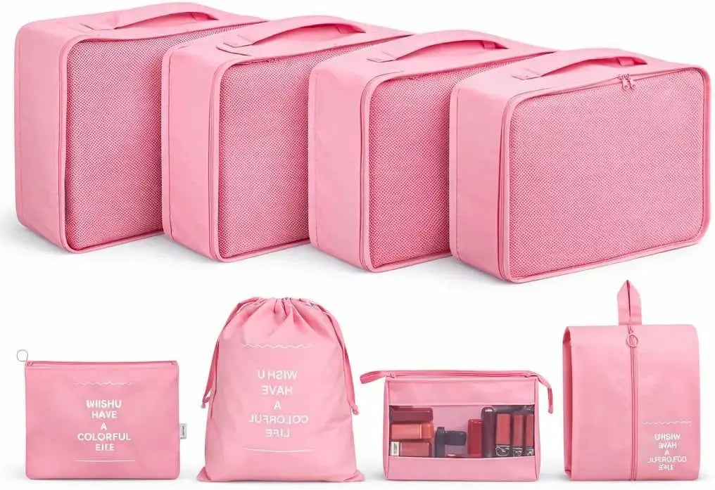 Koffer Organizer 8er Set – Kofferorganizer mit Kosmetiktasche, Packtaschen & Packwürfel für Reisen als Kleidertasche (Pink)
