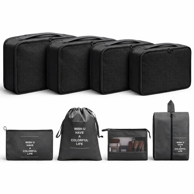 Koffer Organizer 8er Set – Kofferorganizer mit Kosmetiktasche, Packtaschen & Packwürfel für Reisen als Kleidertasche (Schwarz)
