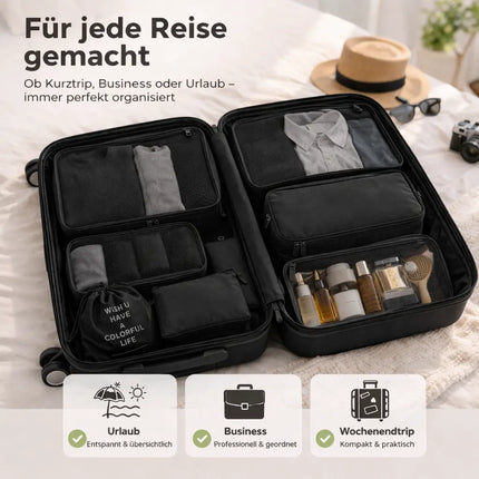 Koffer Organizer 8er Set – Kofferorganizer mit Kosmetiktasche, Packtaschen & Packwürfel für Reisen als Kleidertasche (Schwarz)