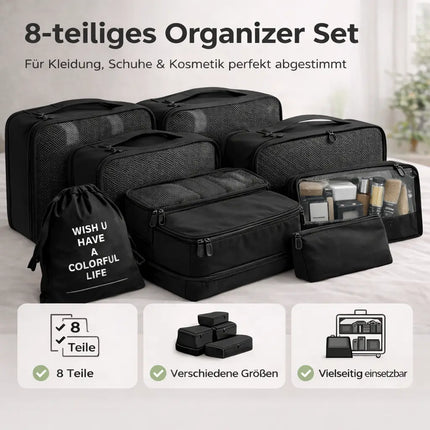 Koffer Organizer 8er Set – Kofferorganizer mit Kosmetiktasche, Packtaschen & Packwürfel für Reisen als Kleidertasche (Schwarz)