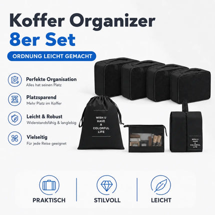 Koffer Organizer 8er Set – Kofferorganizer mit Kosmetiktasche, Packtaschen & Packwürfel für Reisen als Kleidertasche (Schwarz)