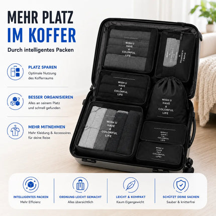 Koffer Organizer 8er Set – Kofferorganizer mit Kosmetiktasche, Packtaschen & Packwürfel für Reisen als Kleidertasche (Schwarz)