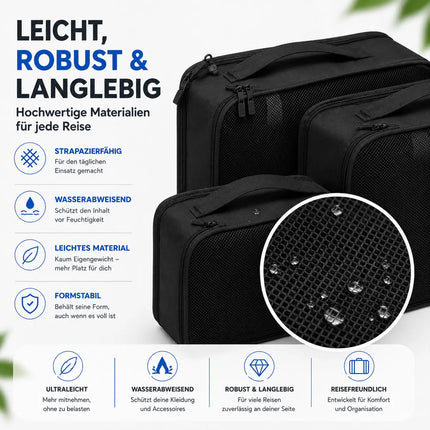 Koffer Organizer 8er Set – Kofferorganizer mit Kosmetiktasche, Packtaschen & Packwürfel für Reisen als Kleidertasche (Schwarz)