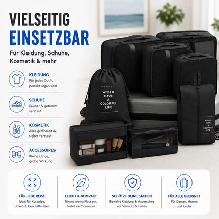 Koffer Organizer 8er Set – Kofferorganizer mit Kosmetiktasche, Packtaschen & Packwürfel für Reisen als Kleidertasche (Schwarz)