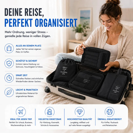 Koffer Organizer 8er Set – Kofferorganizer mit Kosmetiktasche, Packtaschen & Packwürfel für Reisen als Kleidertasche (Schwarz)
