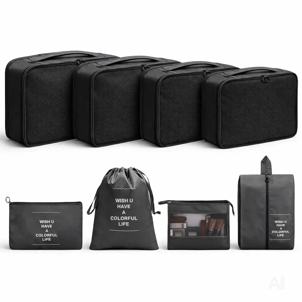 Koffer Organizer 8er Set – Kofferorganizer mit Kosmetiktasche, Packtaschen & Packwürfel für Reisen als Kleidertasche (Schwarz)