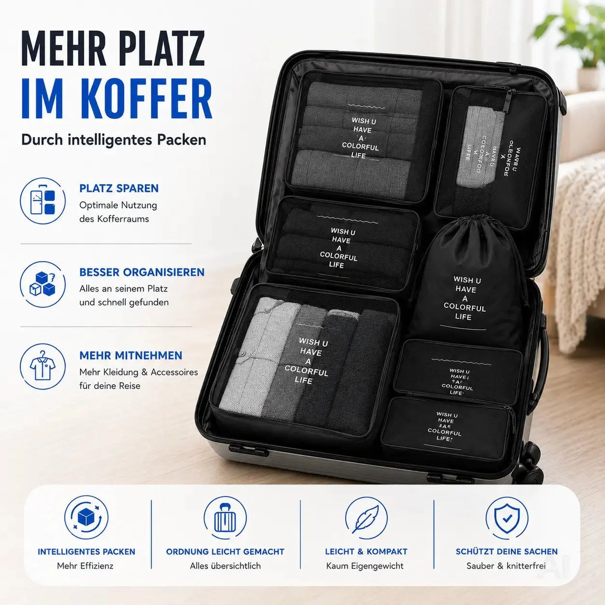 Koffer Organizer 8er Set – Kofferorganizer mit Kosmetiktasche, Packtaschen & Packwürfel – Detailansicht 3