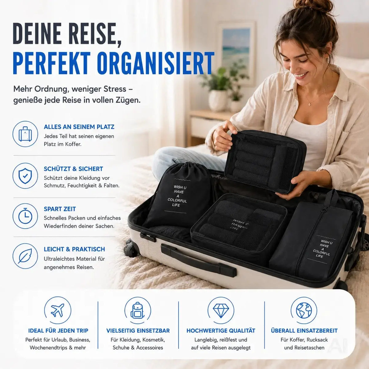 Koffer Organizer 8er Set – Kofferorganizer mit Kosmetiktasche, Packtaschen & Packwürfel – Detailansicht 6
