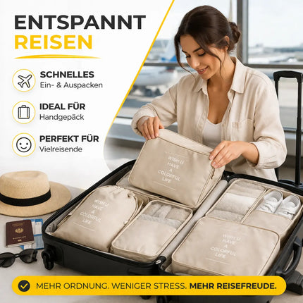 Kofferorganizer 8er Set mit Kosmetiktasche – Packtaschen & Packwürfel für Reisen, ideale Kleidertasche (Beige)