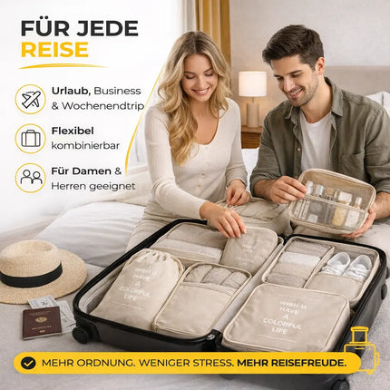 Kofferorganizer 8er Set mit Kosmetiktasche – Packtaschen & Packwürfel für Reisen, ideale Kleidertasche (Beige)