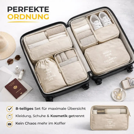 Kofferorganizer 8er Set mit Kosmetiktasche – Packtaschen & Packwürfel für Reisen, ideale Kleidertasche (Beige)