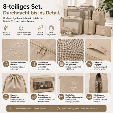 Kofferorganizer 8er Set mit Kosmetiktasche – Packtaschen & Packwürfel für Reisen, ideale Kleidertasche (Beige)