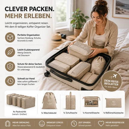 Kofferorganizer 8er Set mit Kosmetiktasche – Packtaschen & Packwürfel für Reisen, ideale Kleidertasche (Beige)