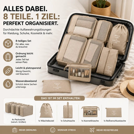 Kofferorganizer 8er Set mit Kosmetiktasche – Packtaschen & Packwürfel für Reisen, ideale Kleidertasche (Beige)