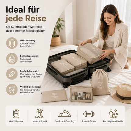 Kofferorganizer 8er Set mit Kosmetiktasche – Packtaschen & Packwürfel für Reisen, ideale Kleidertasche (Beige)