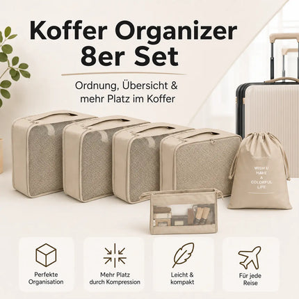 Kofferorganizer 8er Set mit Kosmetiktasche – Packtaschen & Packwürfel für Reisen, ideale Kleidertasche (Beige)