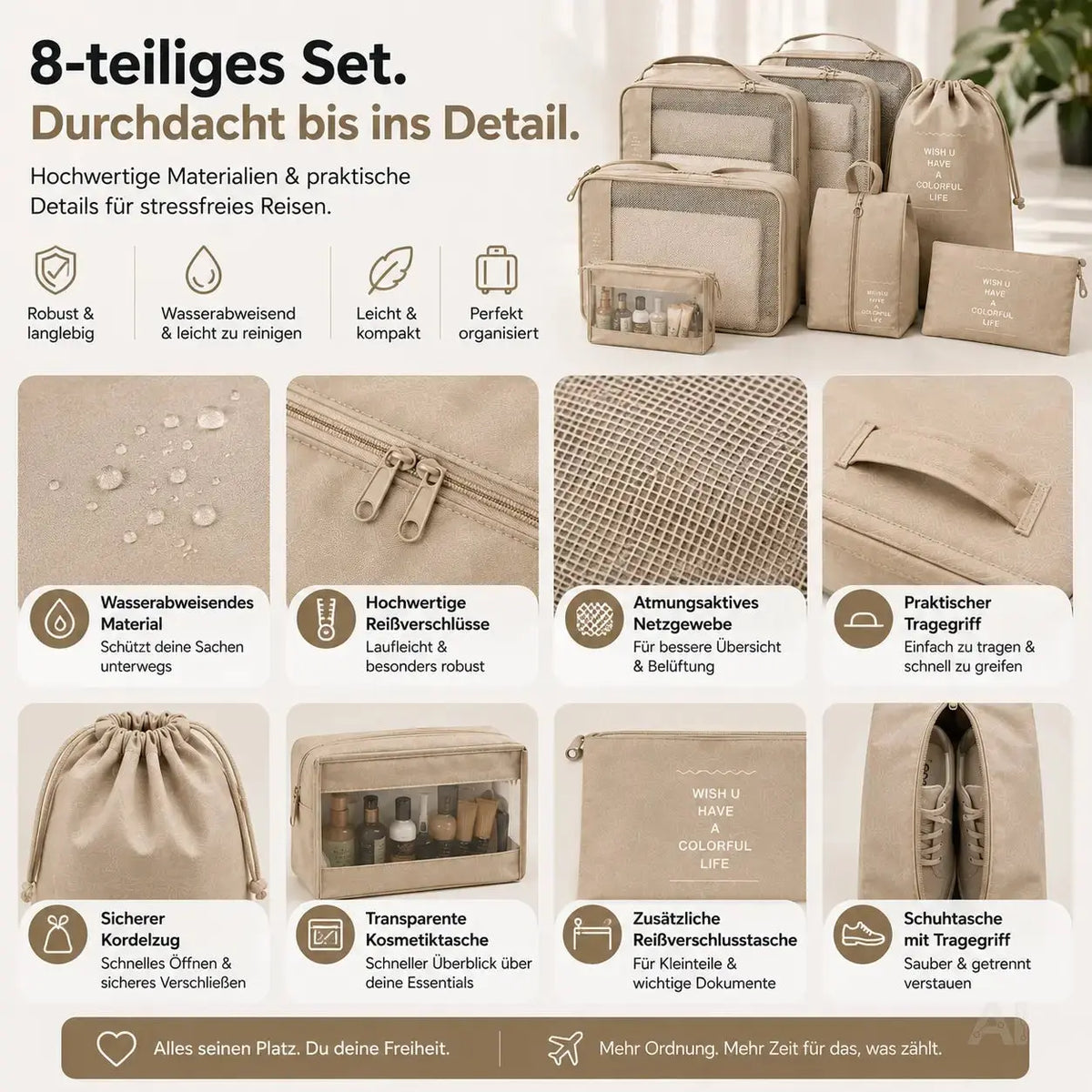 Kofferorganizer 8er Set mit Kosmetiktasche – Packtaschen & Packwürfel für Reisen, ideale – Detailansicht 2
