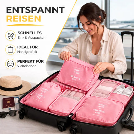 Kofferorganizer 8er Set mit Kosmetiktasche – Packtaschen & Packwürfel für Reisen, ideale Kleidertasche (Pink)