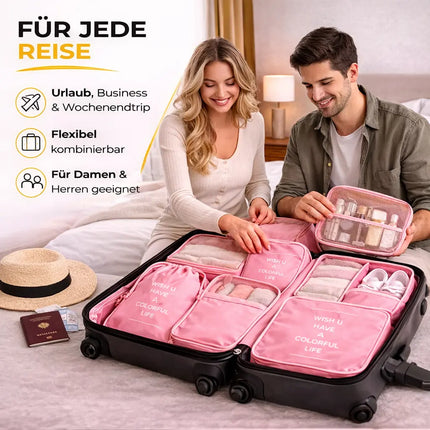 Kofferorganizer 8er Set mit Kosmetiktasche – Packtaschen & Packwürfel für Reisen, ideale Kleidertasche (Pink)