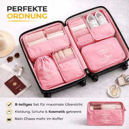 Kofferorganizer 8er Set mit Kosmetiktasche – Packtaschen & Packwürfel für Reisen, ideale Kleidertasche (Pink)