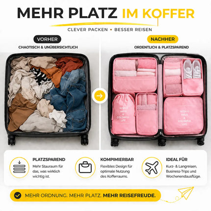 Kofferorganizer 8er Set mit Kosmetiktasche – Packtaschen & Packwürfel für Reisen, ideale Kleidertasche (Pink)