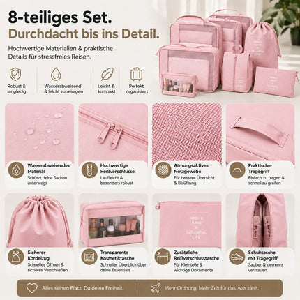 Kofferorganizer 8er Set mit Kosmetiktasche – Packtaschen & Packwürfel für Reisen, ideale Kleidertasche (Pink)