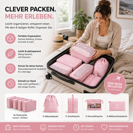 Kofferorganizer 8er Set mit Kosmetiktasche – Packtaschen & Packwürfel für Reisen, ideale Kleidertasche (Pink)