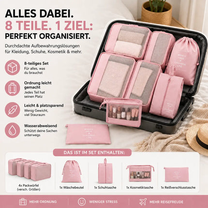 Kofferorganizer 8er Set mit Kosmetiktasche – Packtaschen & Packwürfel für Reisen, ideale Kleidertasche (Pink)