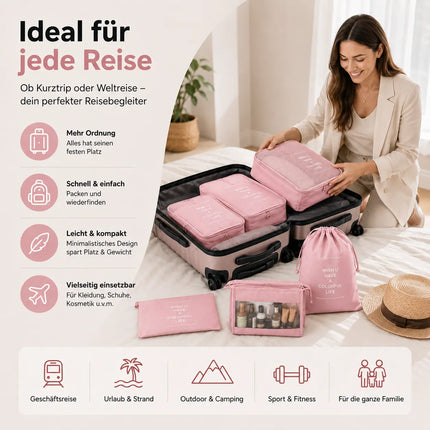 Kofferorganizer 8er Set mit Kosmetiktasche – Packtaschen & Packwürfel für Reisen, ideale Kleidertasche (Pink)