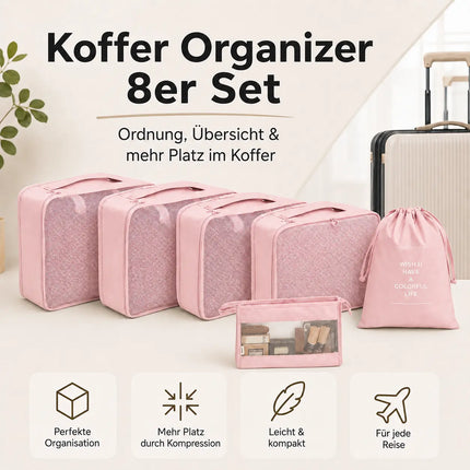 Kofferorganizer 8er Set mit Kosmetiktasche – Packtaschen & Packwürfel für Reisen, ideale Kleidertasche (Pink)