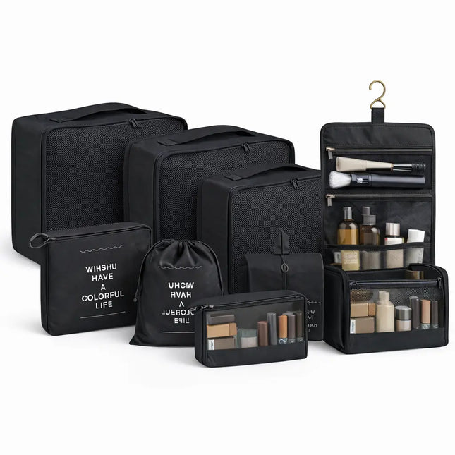 Kofferorganizer 8er Set mit Kosmetiktasche – Packtaschen & Packwürfel für Reisen, ideale Kleidertasche (Schwarz)