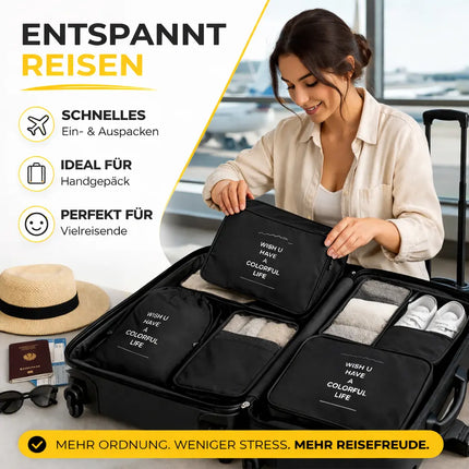 Kofferorganizer 8er Set mit Kosmetiktasche – Packtaschen & Packwürfel für Reisen, ideale Kleidertasche (Schwarz)