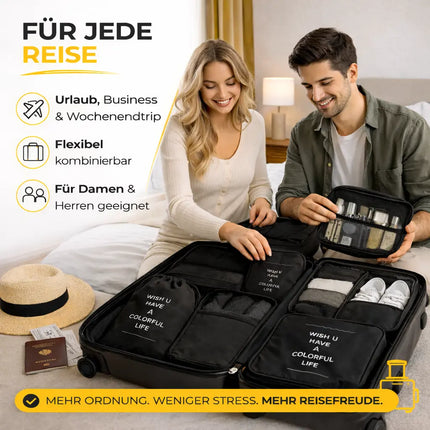 Kofferorganizer 8er Set mit Kosmetiktasche – Packtaschen & Packwürfel für Reisen, ideale Kleidertasche (Schwarz)