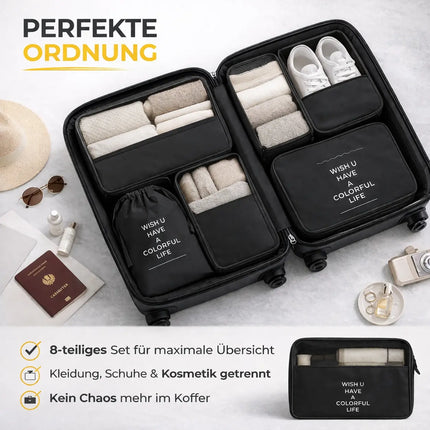 Kofferorganizer 8er Set mit Kosmetiktasche – Packtaschen & Packwürfel für Reisen, ideale Kleidertasche (Schwarz)