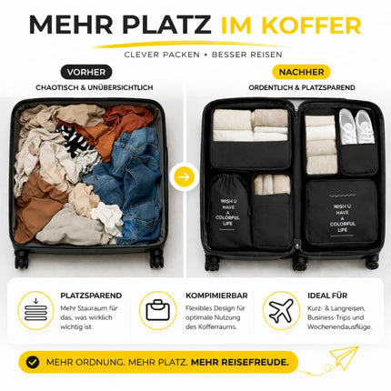 Kofferorganizer 8er Set mit Kosmetiktasche – Packtaschen & Packwürfel für Reisen, ideale Kleidertasche (Schwarz)