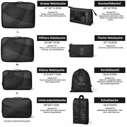 Kofferorganizer 8er Set mit Kosmetiktasche – Packtaschen & Packwürfel für Reisen, ideale Kleidertasche (Schwarz)