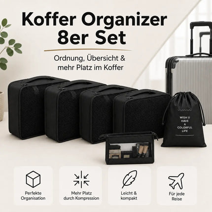 Kofferorganizer 8er Set mit Kosmetiktasche – Packtaschen & Packwürfel für Reisen, ideale Kleidertasche (Schwarz)