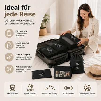 Kofferorganizer 8er Set mit Kosmetiktasche – Packtaschen & Packwürfel für Reisen, ideale Kleidertasche (Schwarz)