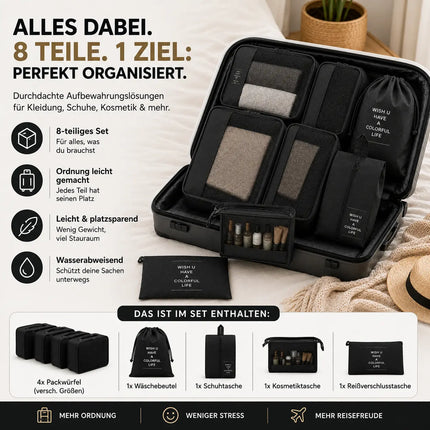 Kofferorganizer 8er Set mit Kosmetiktasche – Packtaschen & Packwürfel für Reisen, ideale Kleidertasche (Schwarz)
