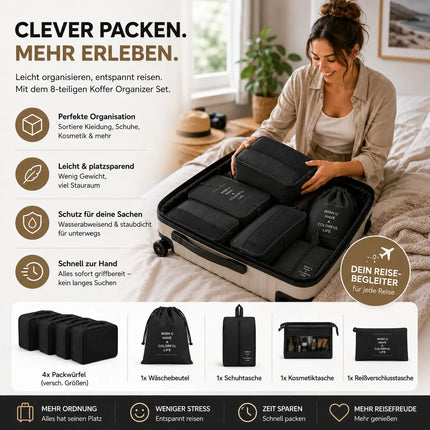 Kofferorganizer 8er Set mit Kosmetiktasche – Packtaschen & Packwürfel für Reisen, ideale Kleidertasche (Schwarz)