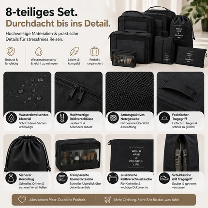 Kofferorganizer 8er Set mit Kosmetiktasche – Packtaschen & Packwürfel für Reisen, ideale Kleidertasche (Schwarz)