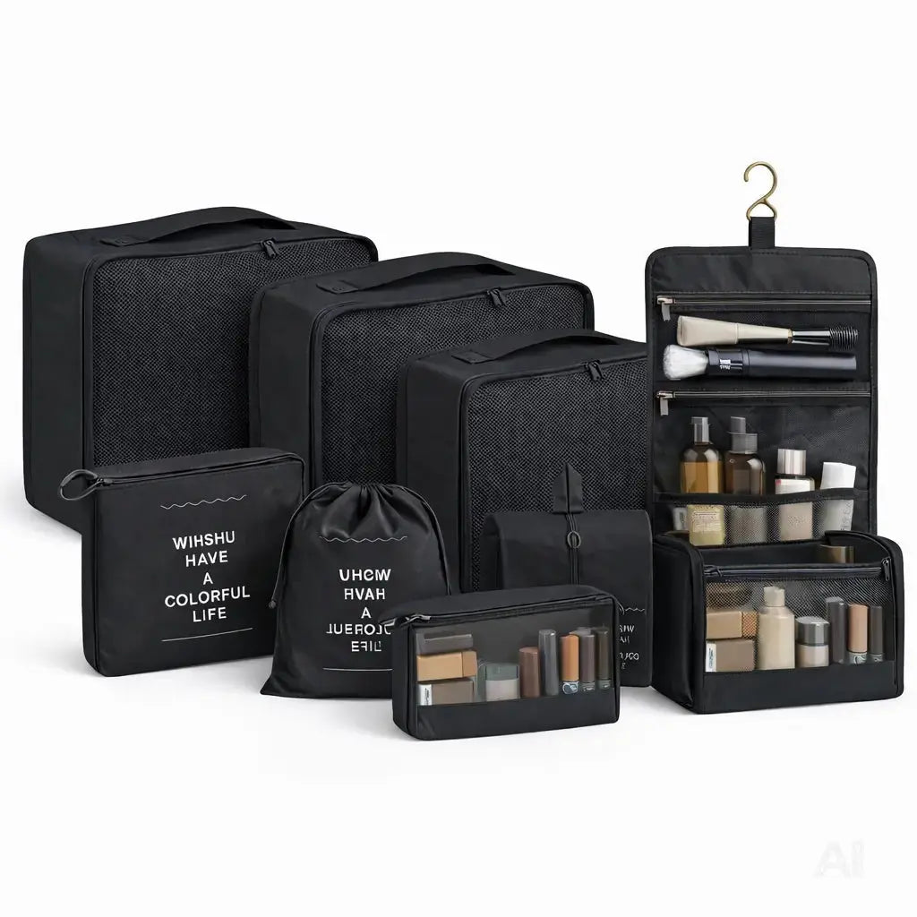 Kofferorganizer 8er Set mit Kosmetiktasche – Packtaschen & Packwürfel für Reisen, ideale Kleidertasche (Schwarz)