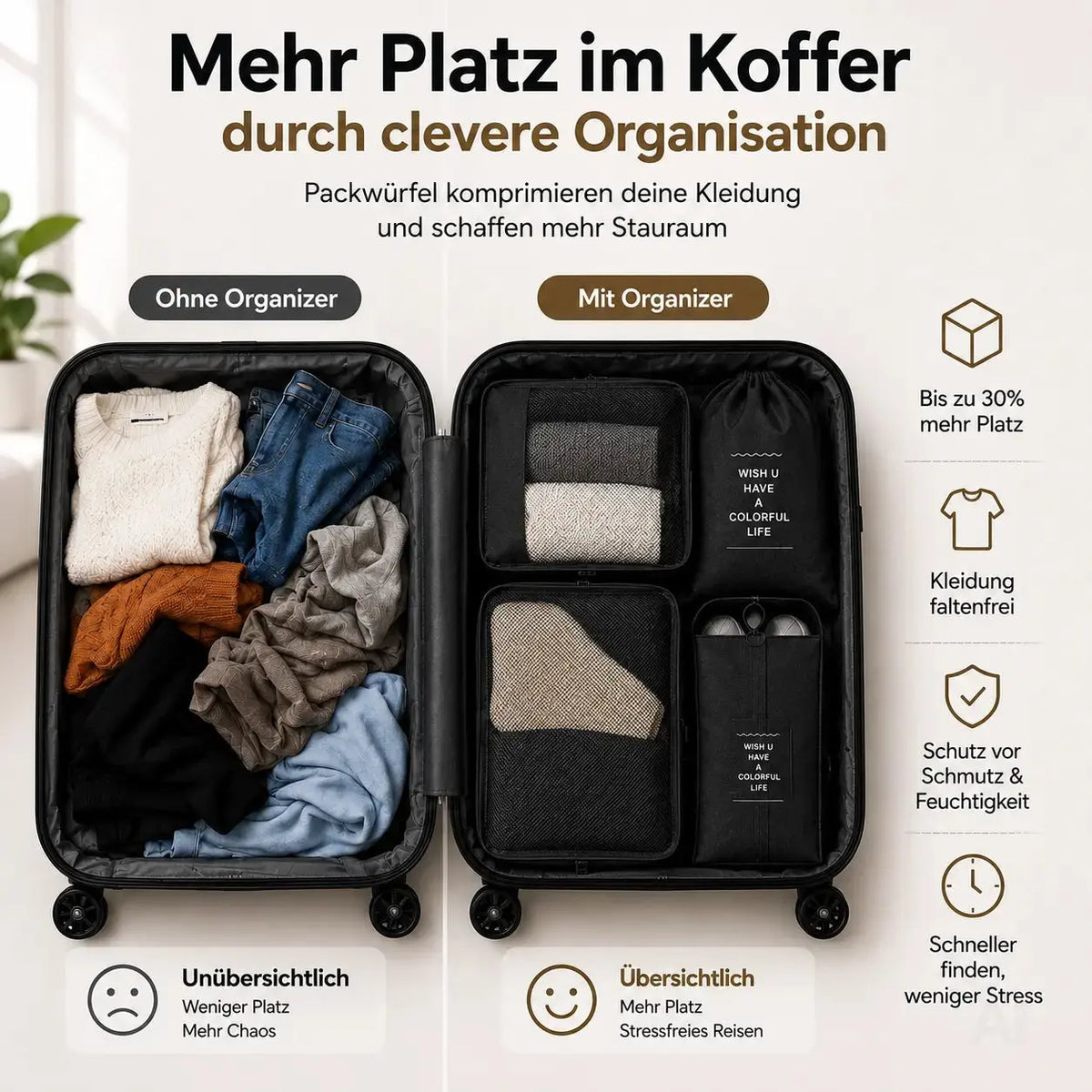 Kofferorganizer 8er Set mit Kosmetiktasche – Packtaschen & Packwürfel für Reisen, ideale – Detailansicht 3