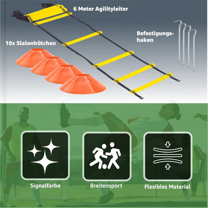 Koordinationsleiter Fußball 6 m - Fußball Trainingszubehör mit 10x Hütchen - Training für Fussball & Football Zubehör & Equipment