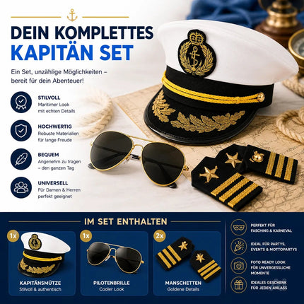 Kostüm Set Kapitän – mit Kapitänsmütze, Matrosenmütze, Seemannsmütze, Mütze Marine Matrose, Zigarre, Kette Anker – für Fasching Karneval Herren und Damen